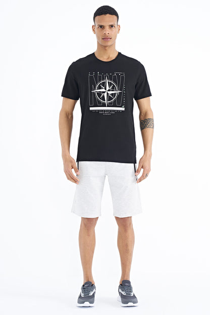 Black Writing and Compass Printed Standard Fit O Collar Men's T-Shirt - 88173