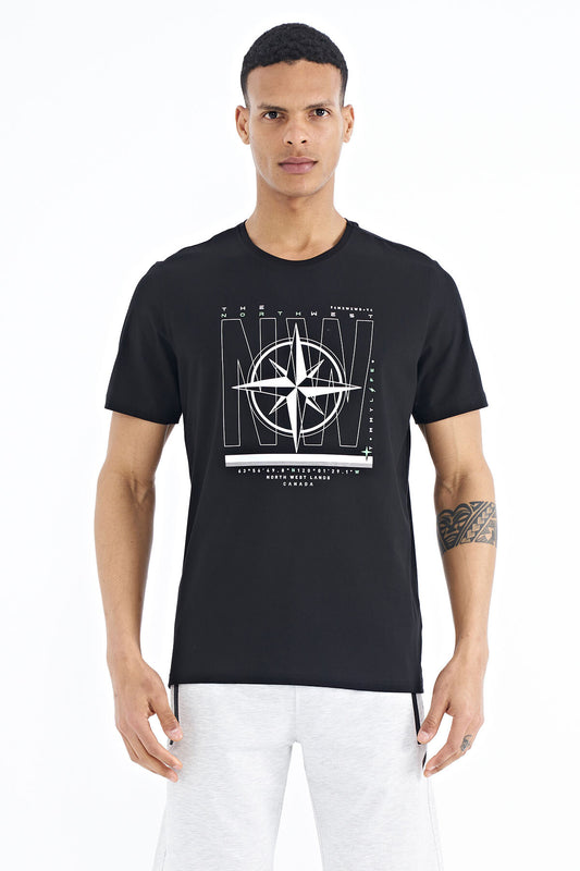 Black Writing and Compass Printed Standard Fit O Collar Men's T-Shirt - 88173