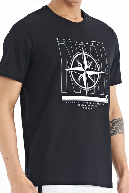 Black Writing and Compass Printed Standard Fit O Collar Men's T-Shirt - 88173
