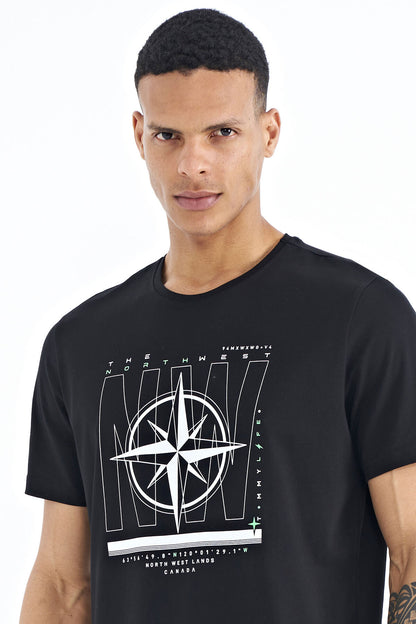 Black Writing and Compass Printed Standard Fit O Collar Men's T-Shirt - 88173