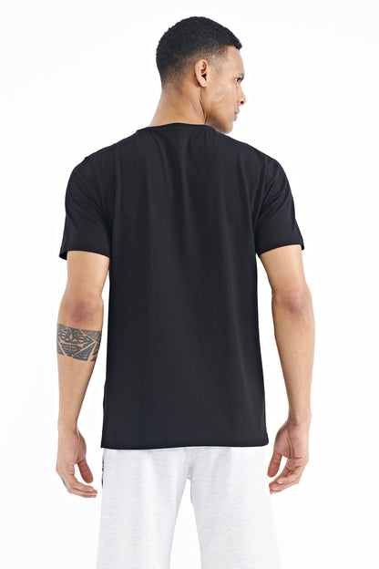 Black Writing and Compass Printed Standard Fit O Collar Men's T-Shirt - 88173