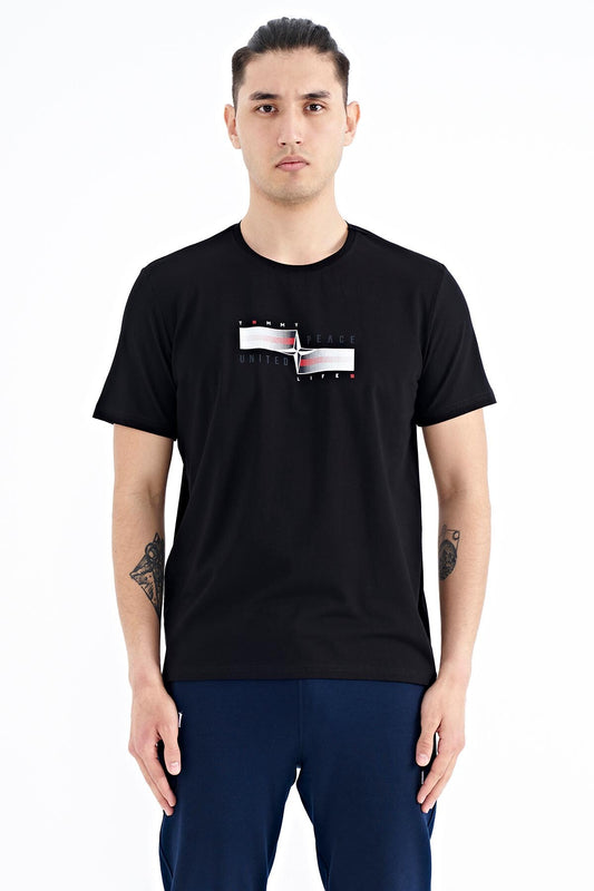 Black Printed Pattern Standard Cut Men's T-shirt - 88215