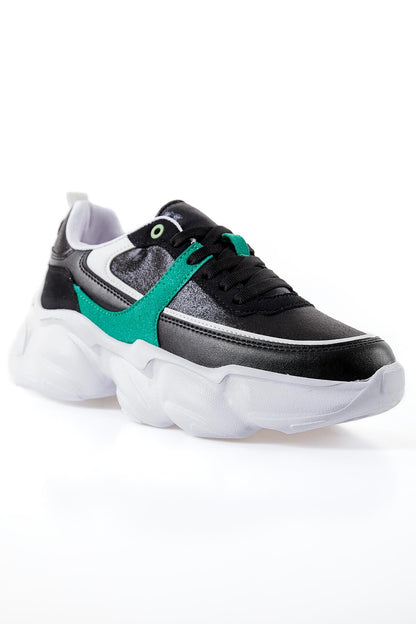 Black - Green High Platform Laced Color Gradient PU Leather Women's Sports Shoes - 89206
