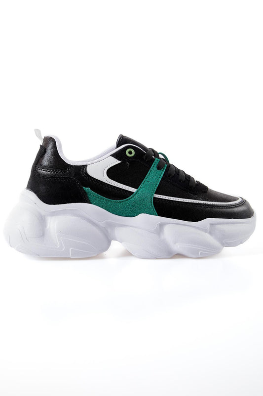 Black - Green High Platform Laced Color Gradient PU Leather Women's Sports Shoes - 89206