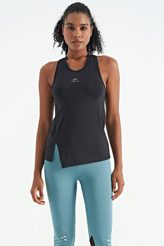 Black Slit Detailed O Collar Sleeveless Standard Fit Women's Sports Singlet - 97256