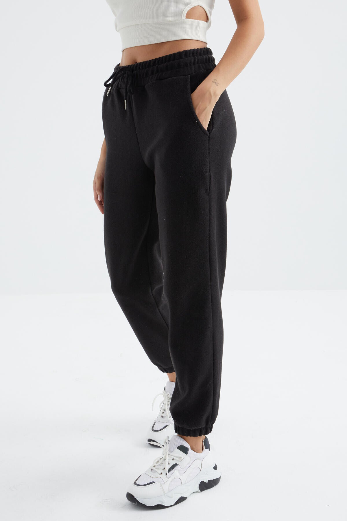 Black High Waist Basic Laced Jogger Polar Women's Tracksuit Bottom - 94622