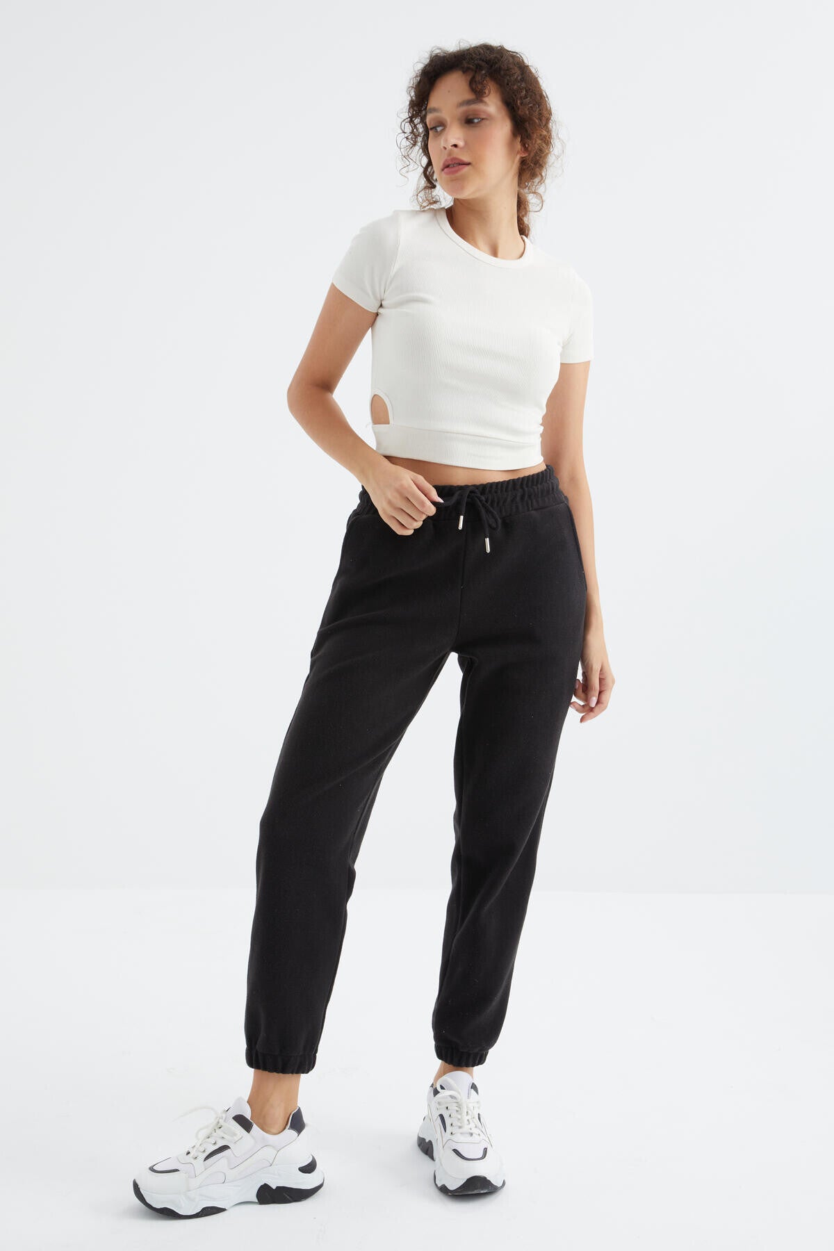 Black High Waist Basic Laced Jogger Polar Women's Tracksuit Bottom - 94622