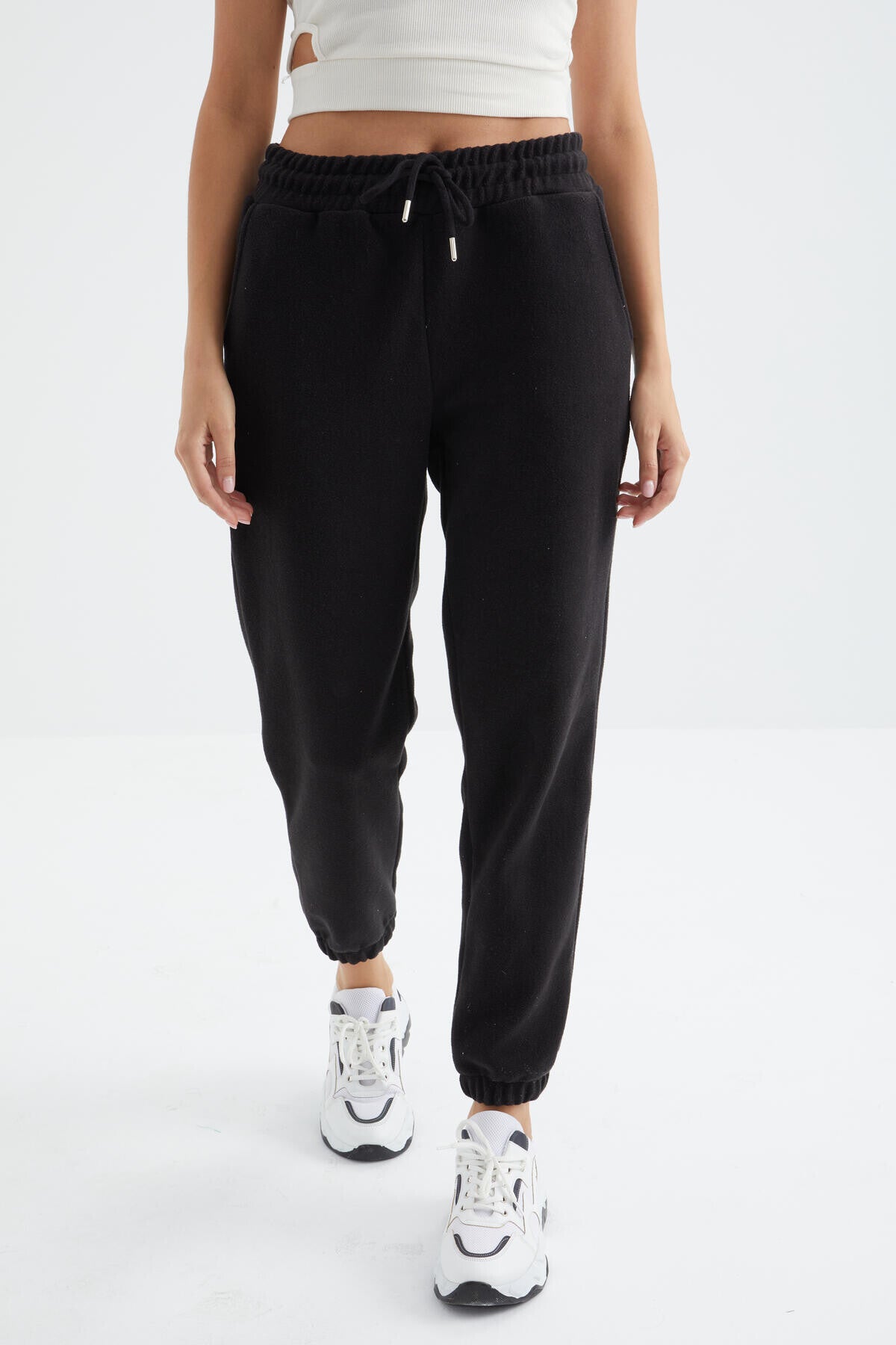 Black High Waist Basic Laced Jogger Polar Women's Tracksuit Bottom - 94622