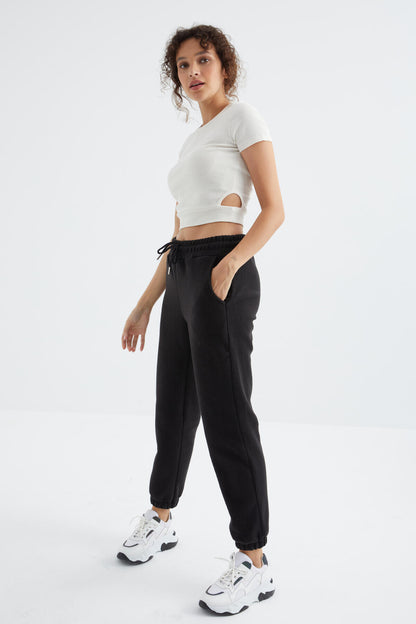 Black High Waist Basic Laced Jogger Polar Women's Tracksuit Bottom - 94622