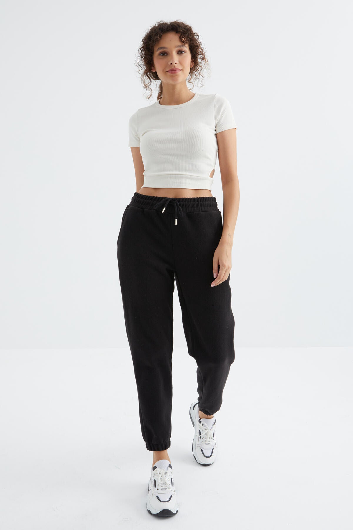 Black High Waist Basic Laced Jogger Polar Women's Tracksuit Bottom - 94622