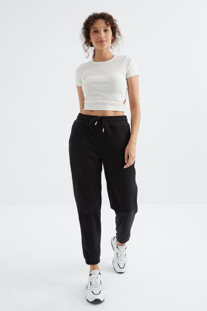 Black High Waist Basic Laced Jogger Polar Women's Tracksuit Bottom - 94622