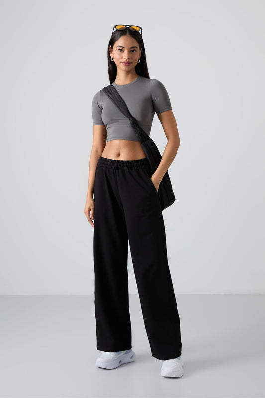 Black High Waist Comfort Fit Wide Leg Women's Tracksuit Bottom - 94567