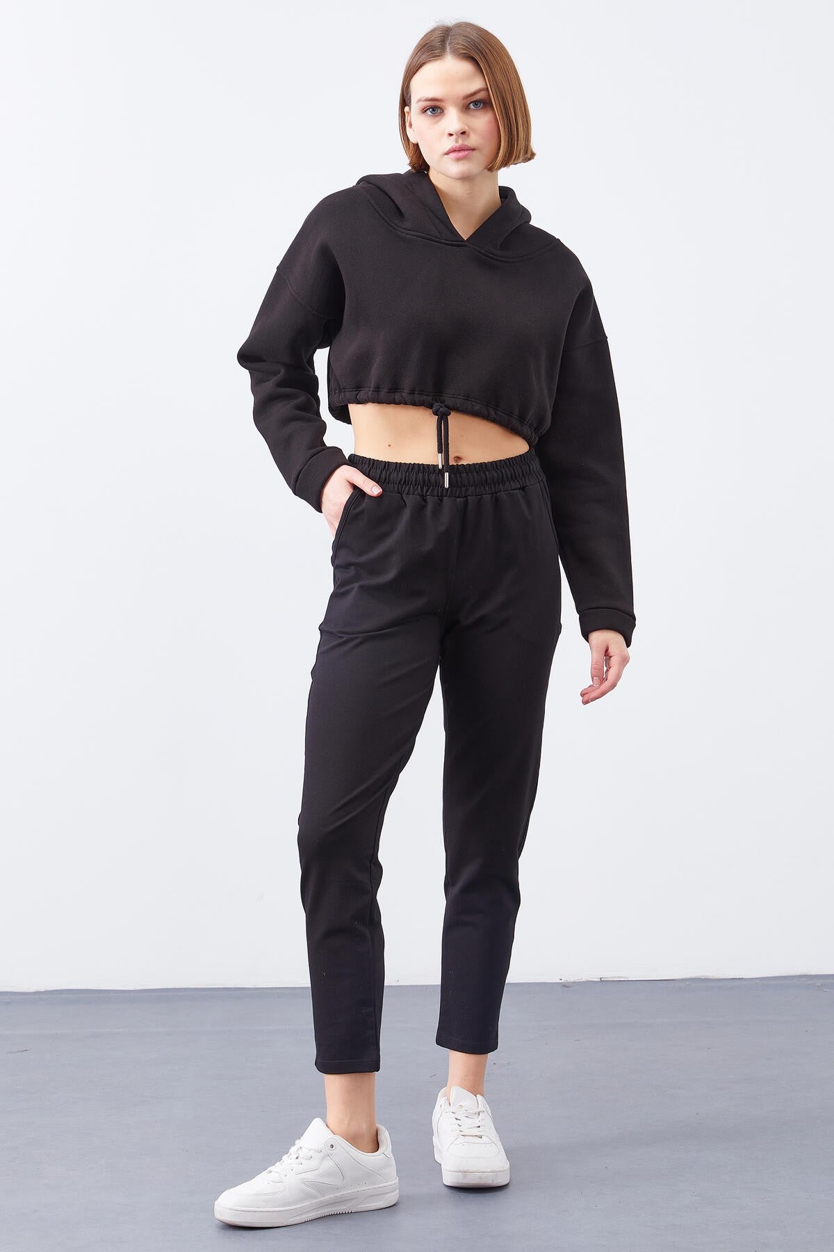 Black high-waisted jogger comfy form narrow sleeve women tracksuit Pants