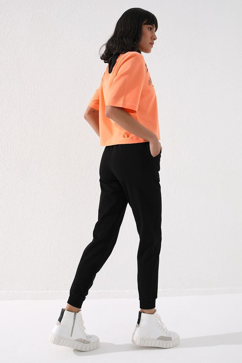 Black High Waist Jogger Comfort Fit Cuffed Women's Tracksuit Bottom - 94561