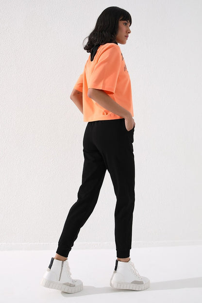 Black High Waist Jogger Comfort Fit Cuffed Women's Tracksuit Bottom - 94561