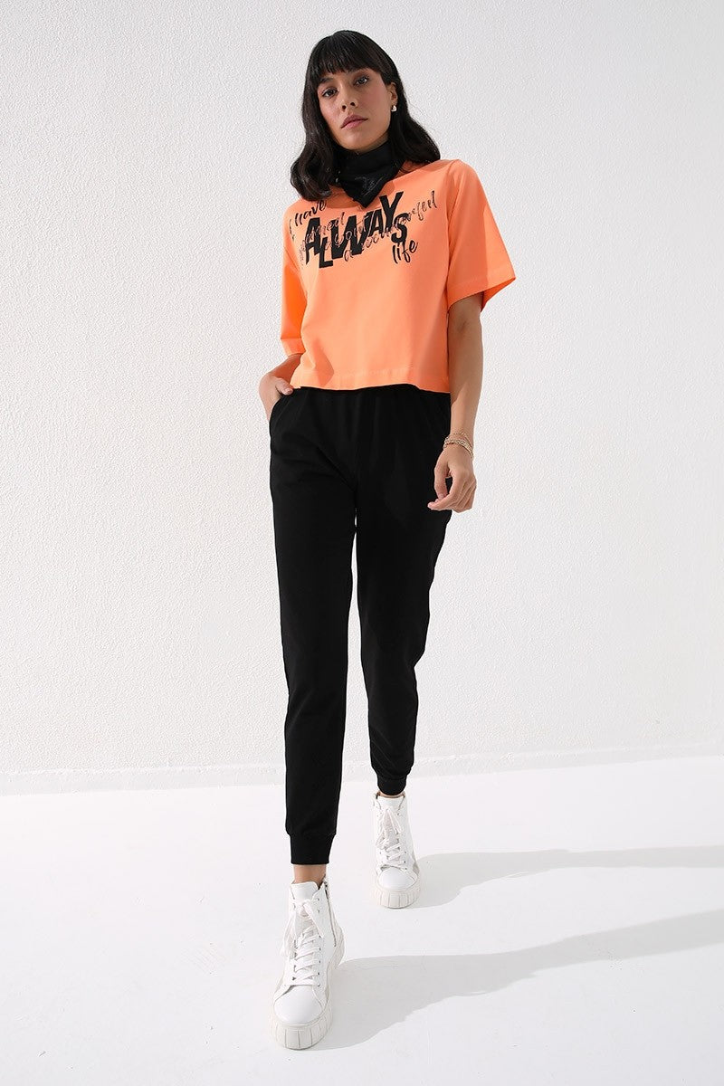 Black High Waist Jogger Comfort Fit Cuffed Women's Tracksuit Bottom - 94561