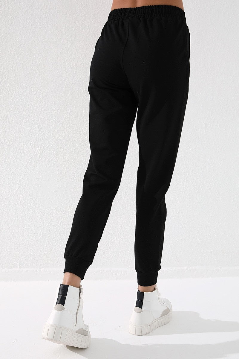 Black High Waist Jogger Comfort Fit Cuffed Women's Tracksuit Bottom - 94561