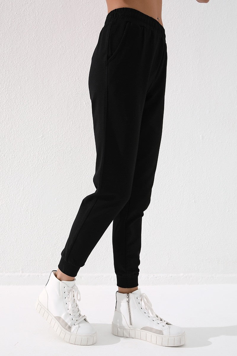 Black High Waist Jogger Comfort Fit Cuffed Women's Tracksuit Bottom - 94561