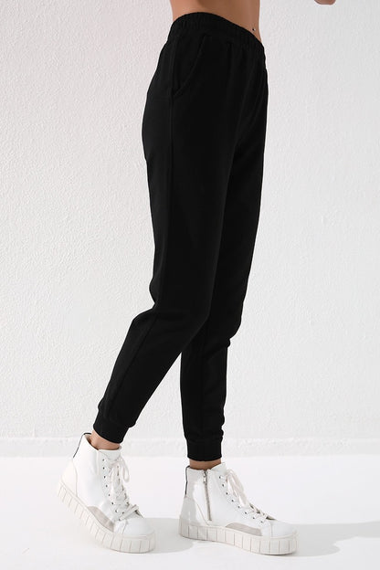 Black High Waist Jogger Comfort Fit Cuffed Women's Tracksuit Bottom - 94561