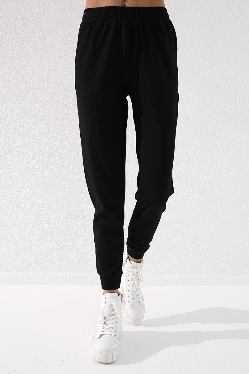 Black High Waist Jogger Comfort Fit Cuffed Women's Tracksuit Bottom - 94561