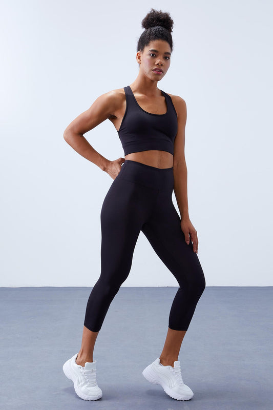 Black High Waist Wrap-up Cross Back Detailed Slim Fit Women's Tights Set - 95283