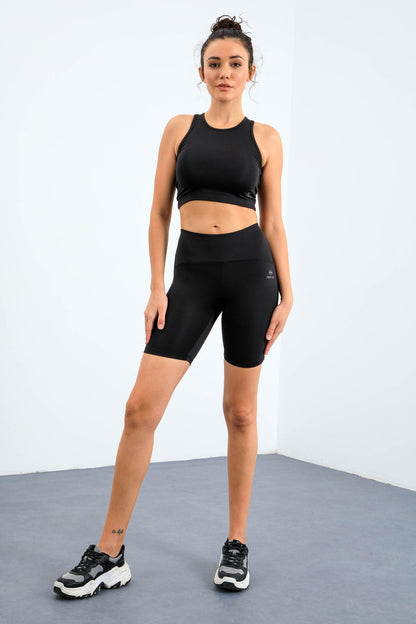 Black High Waist Wrap-up Slim Fit Crop Biker Women's Tights Set - 95302