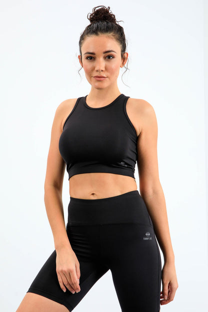 Black High Waist Wrap-up Slim Fit Crop Biker Women's Tights Set - 95302
