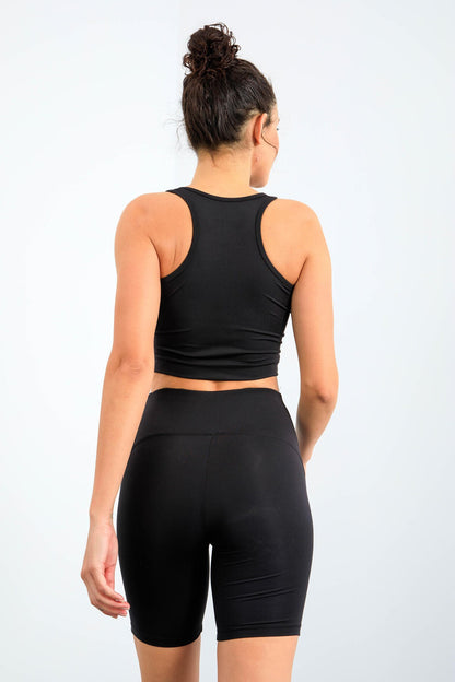Black High Waist Wrap-up Slim Fit Crop Biker Women's Tights Set - 95302
