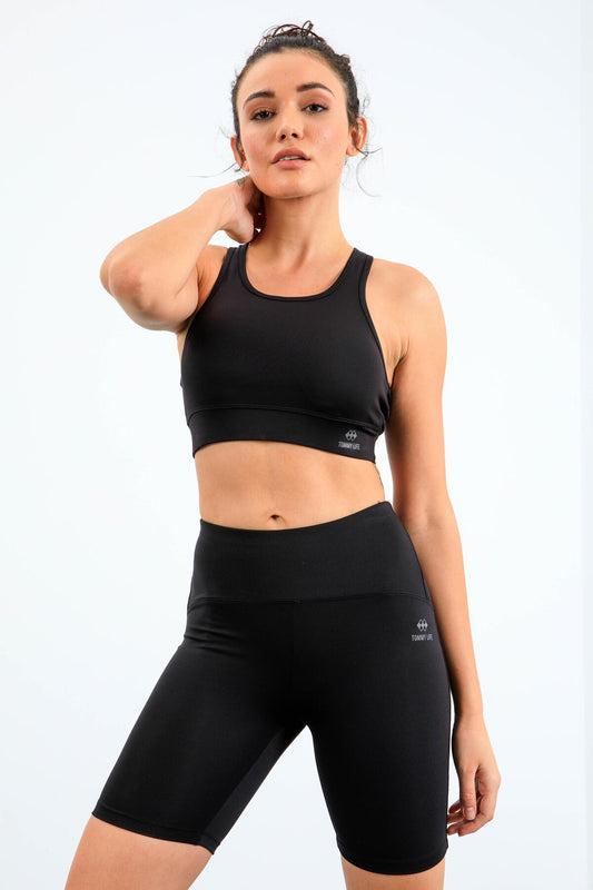 Black High Waist Wrap-up Slim Fit Bustier Biker Women's Tights Set - 95303
