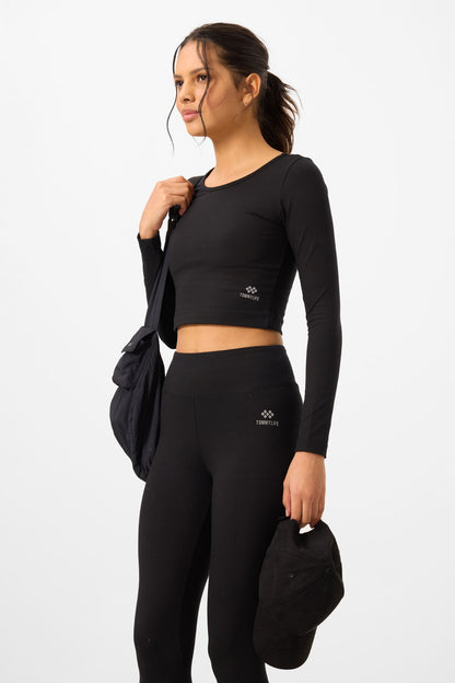 Black High Waist Long Sleeve Slim Fit Crop Top Women's Tights Set - 95286