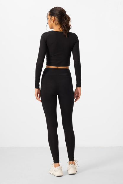 Black High Waist Long Sleeve Slim Fit Crop Top Women's Tights Set - 95286