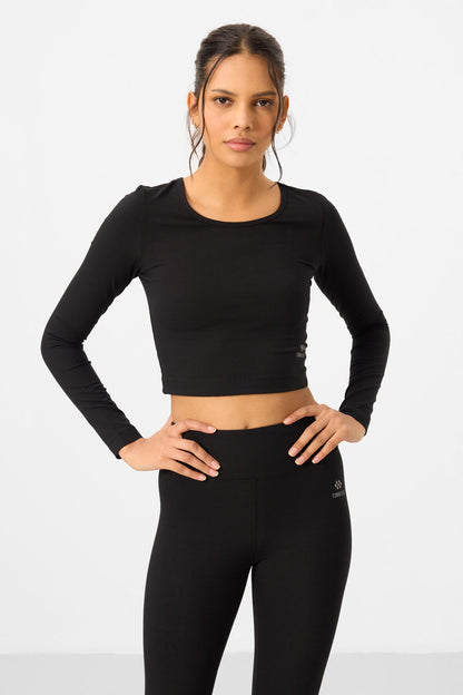 Black High Waist Long Sleeve Slim Fit Crop Top Women's Tights Set - 95286