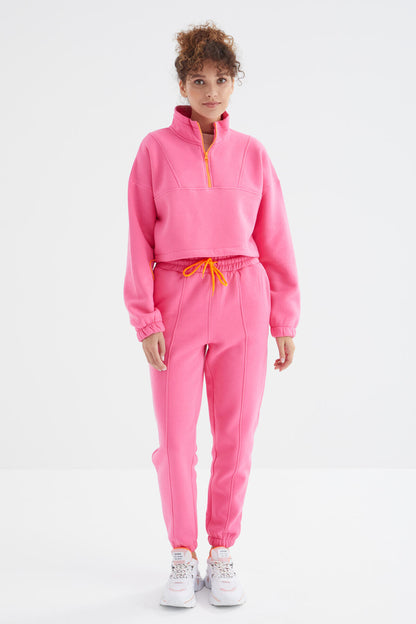 Sugar Pink Low Shoulder Waist Gathered Half Zip Oversized Women's Tracksuit Set - 95321