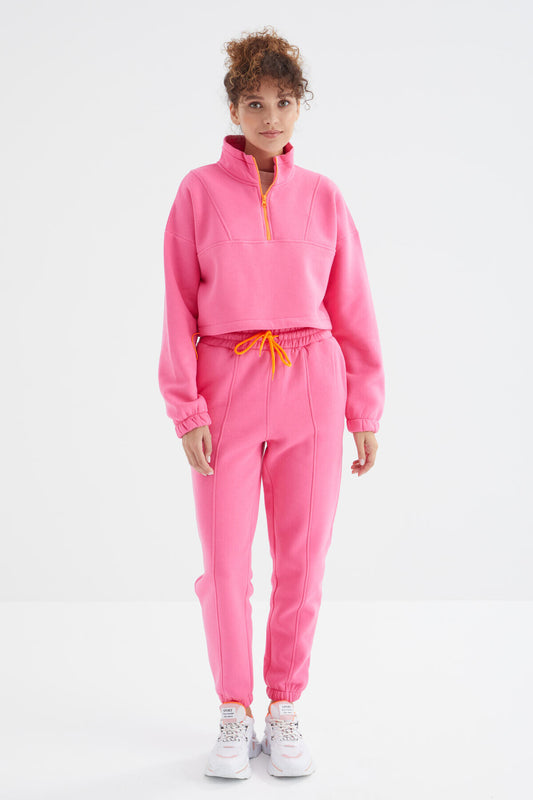 Sugar Pink Low Shoulder Waist Gathered Half Zip Oversized Women's Tracksuit Set - 95321