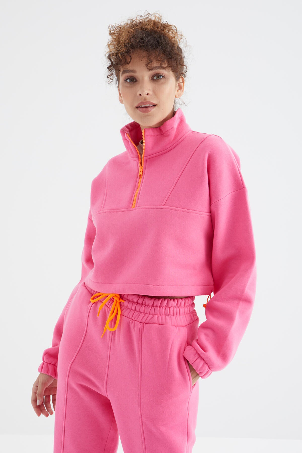 Sugar Pink Low Shoulder Waist Gathered Half Zip Oversized Women's Tracksuit Set - 95321