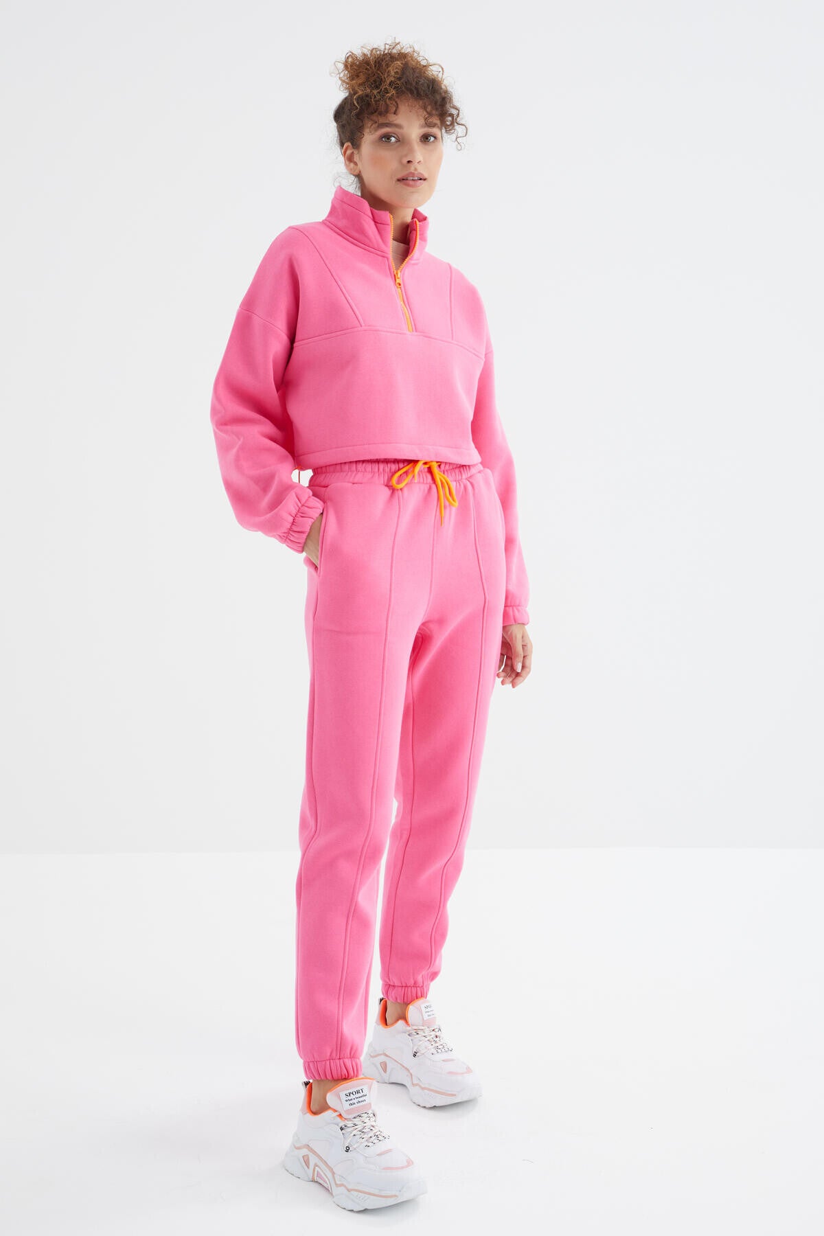 Sugar Pink Low Shoulder Waist Gathered Half Zip Oversized Women's Tracksuit Set - 95321