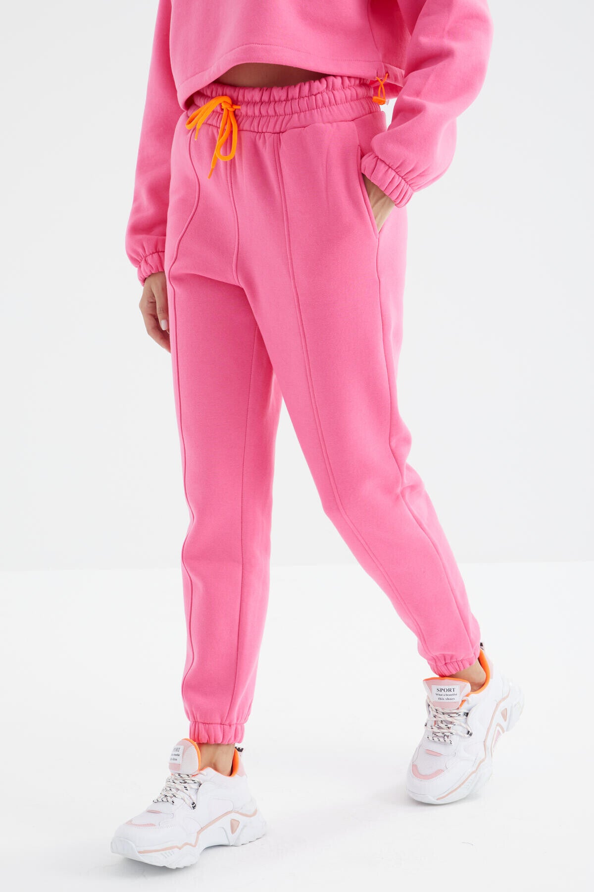 Sugar Pink Low Shoulder Waist Gathered Half Zip Oversized Women's Tracksuit Set - 95321