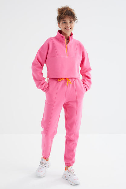 Sugar Pink Low Shoulder Waist Gathered Half Zip Oversized Women's Tracksuit Set - 95321