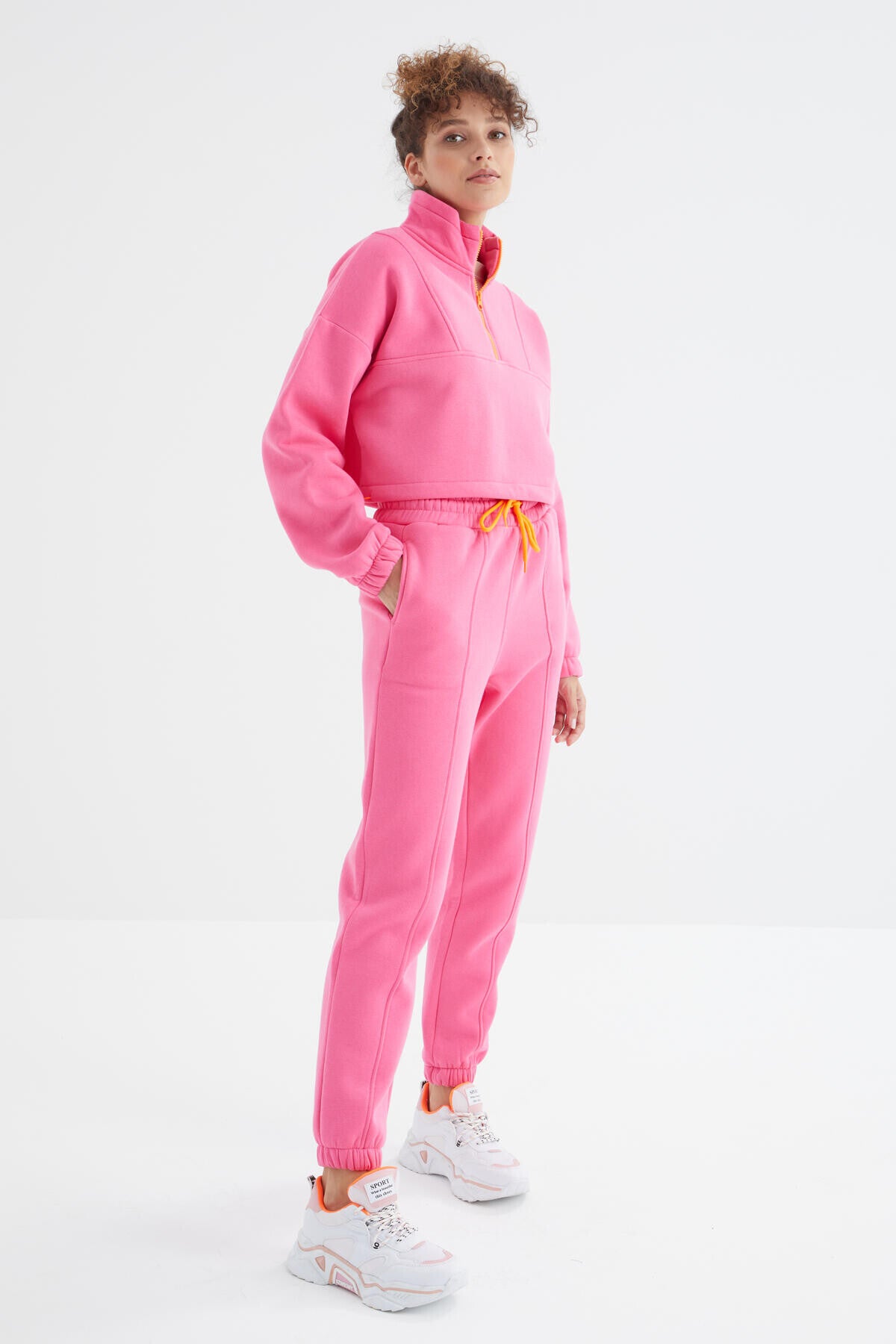 Sugar Pink Low Shoulder Waist Gathered Half Zip Oversized Women's Tracksuit Set - 95321