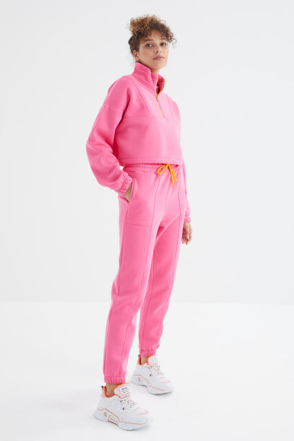 Sugar Pink Low Shoulder Waist Gathered Half Zip Oversized Women's Tracksuit Set - 95321