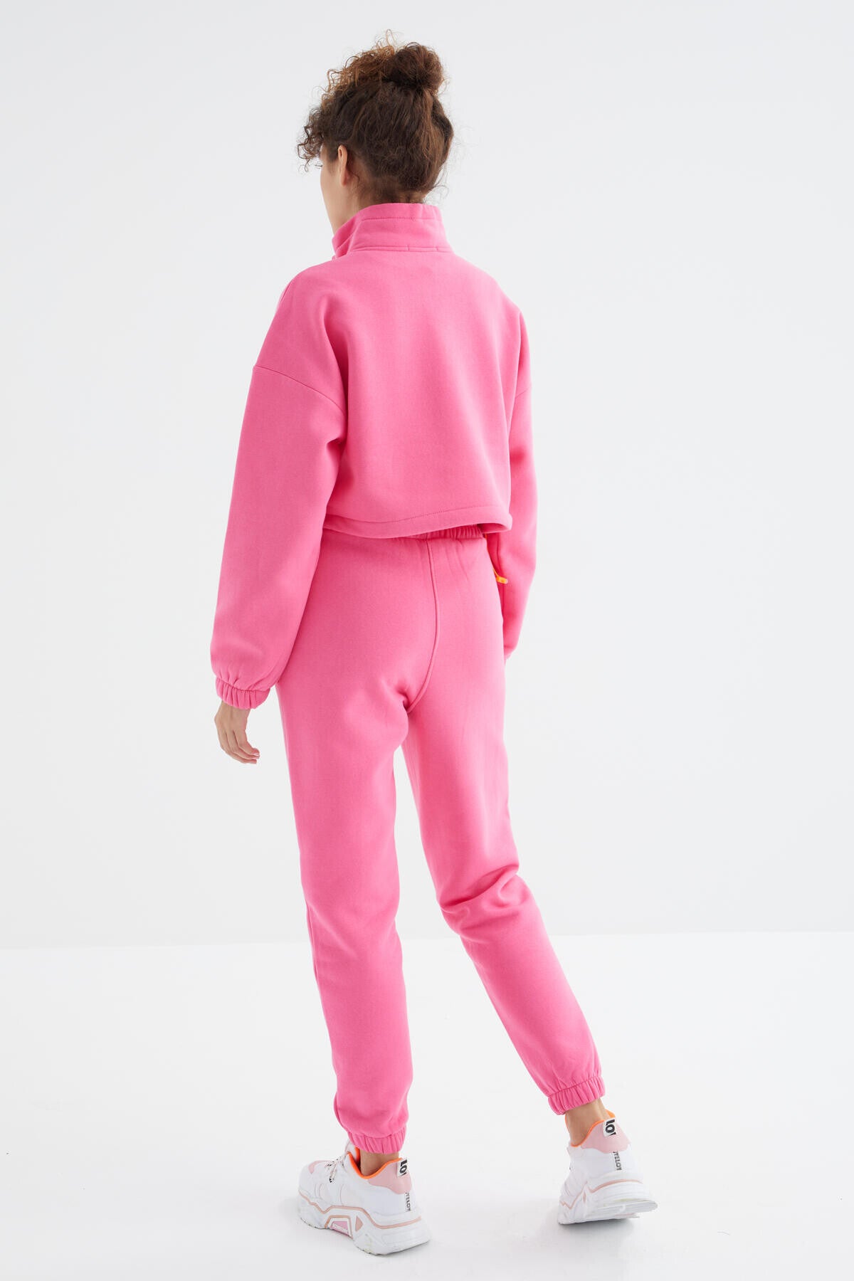 Sugar Pink Low Shoulder Waist Gathered Half Zip Oversized Women's Tracksuit Set - 95321