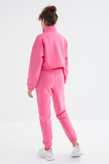 Sugar Pink Low Shoulder Waist Gathered Half Zip Oversized Women's Tracksuit Set - 95321