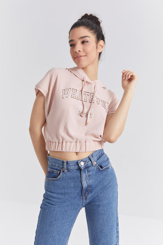 Salmon Hooded Letter Print Elastic Waist Crinkle Fabric Women's Crop Top T-Shirt - 97230