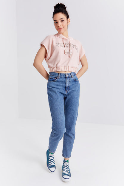 Salmon Hooded Letter Print Elastic Waist Crinkle Fabric Women's Crop Top T-Shirt - 97230