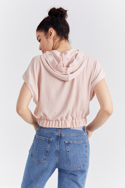 Salmon Hooded Letter Print Elastic Waist Crinkle Fabric Women's Crop Top T-Shirt - 97230