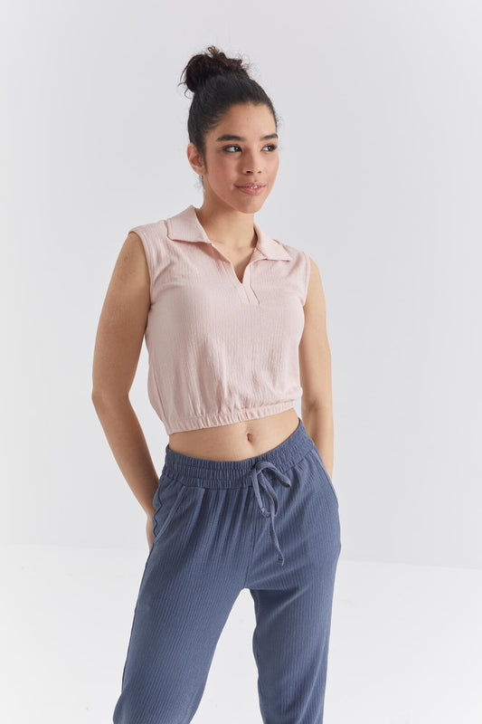 Salmon Polo Collar Ribbed Elastane Crepe Fabric Women's Crop Top T-Shirt - 97223