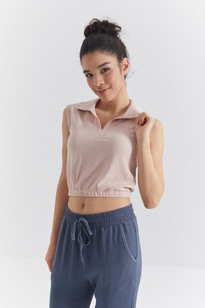 Salmon Polo Collar Ribbed Elastane Crepe Fabric Women's Crop Top T-Shirt - 97223