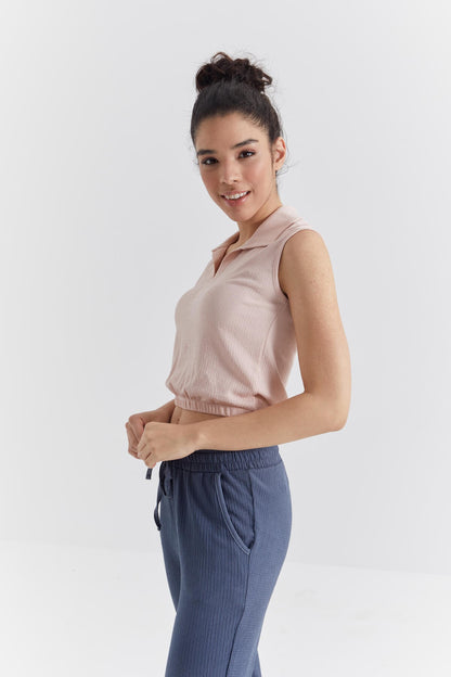 Salmon Polo Collar Ribbed Elastane Crepe Fabric Women's Crop Top T-Shirt - 97223
