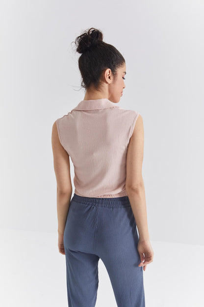 Salmon Polo Collar Ribbed Elastane Crepe Fabric Women's Crop Top T-Shirt - 97223