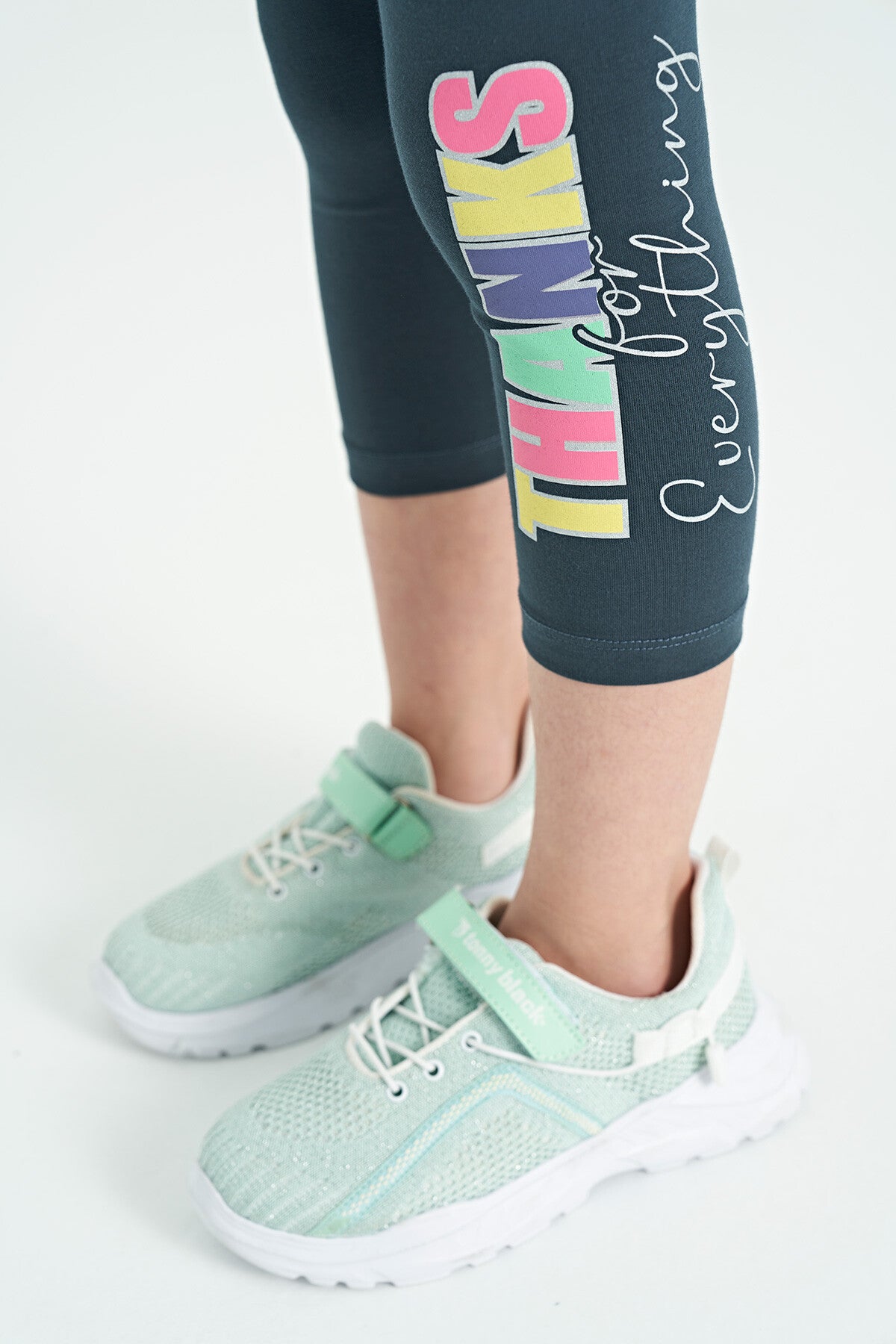 Forest Green - Oversize Printed Girl's Crop Tights Set with Forest Green Writing - 75133